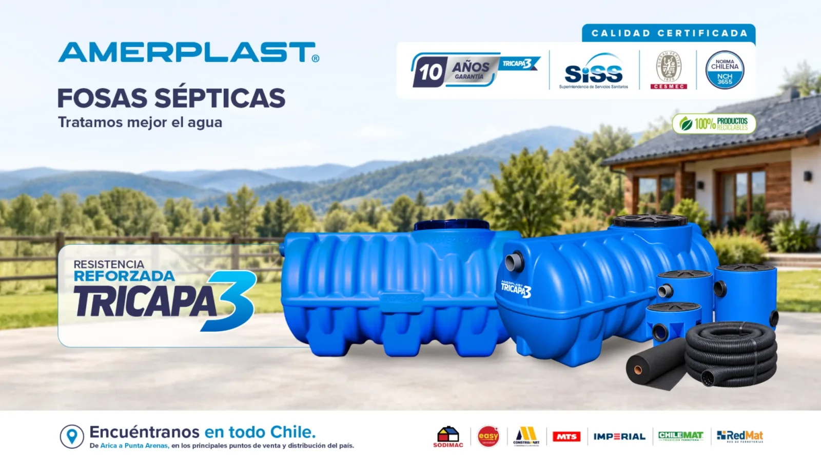 Amerplast · Fosas sépticas Tricapa, resistencia reforzada. Tratamos mejor el agua. Encuéntranos en todo Chile, de Arica a Punta Arenas.